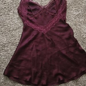 Victoria's Secret Burgundy Satin Chemise with Lace